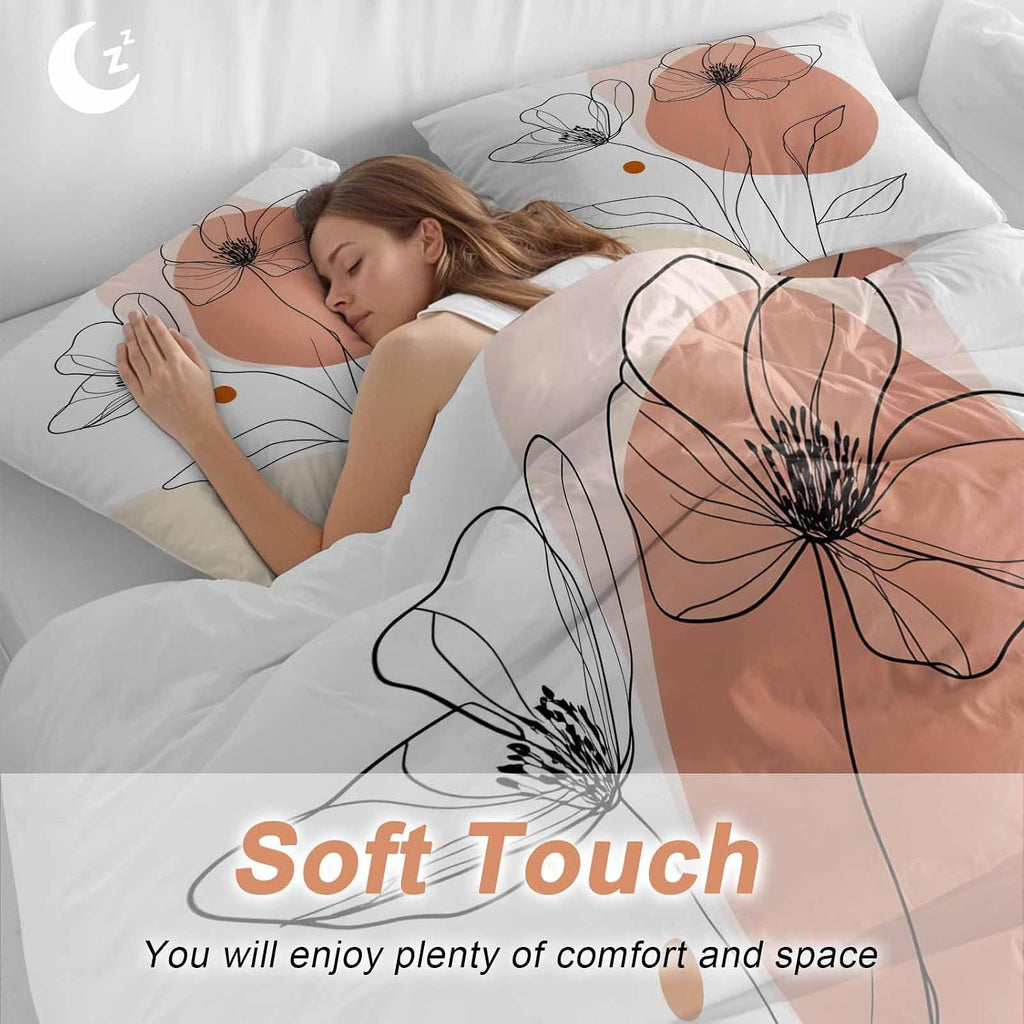 Prime Leader Floral Line Duvet Cover Set Queen Size 4 Pieces Minimalist Flower Modern Bedding Set with Zipper Closure, 1 Comforter Cover 86x86 Inches 1 Flat Sheet & 2 Pillow Cases