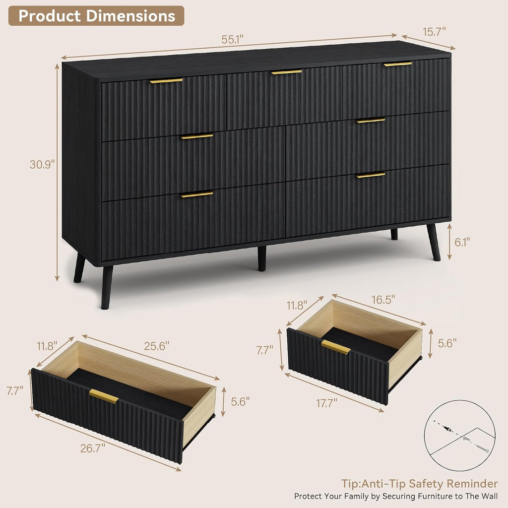 CARPETNAL Fluted Dresser and Nightstand Sets for Bedroom, 3 Pcs Bedroom Set, 7-Drawer Dresser & 2-Drawer Nightstand Set of 2, Modern Wood Chest of Drawers for Living Room, Entryway, Black