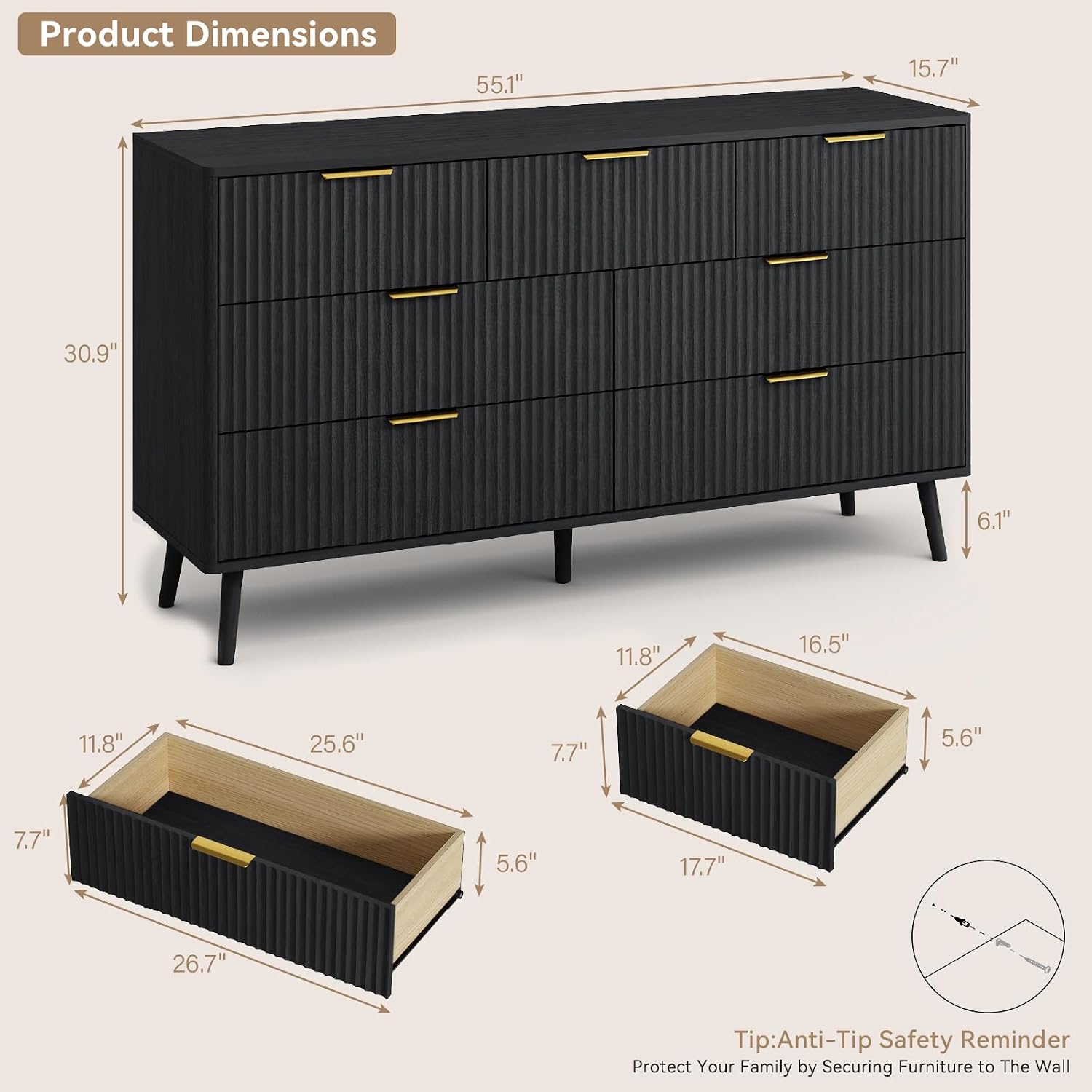 CARPETNAL Fluted Dresser and Nightstand Sets for Bedroom, 3 Pcs Bedroom Set, 7-Drawer Dresser & 2-Drawer Nightstand Set of 2, Modern Wood Chest of Drawers for Living Room, Entryway, Black