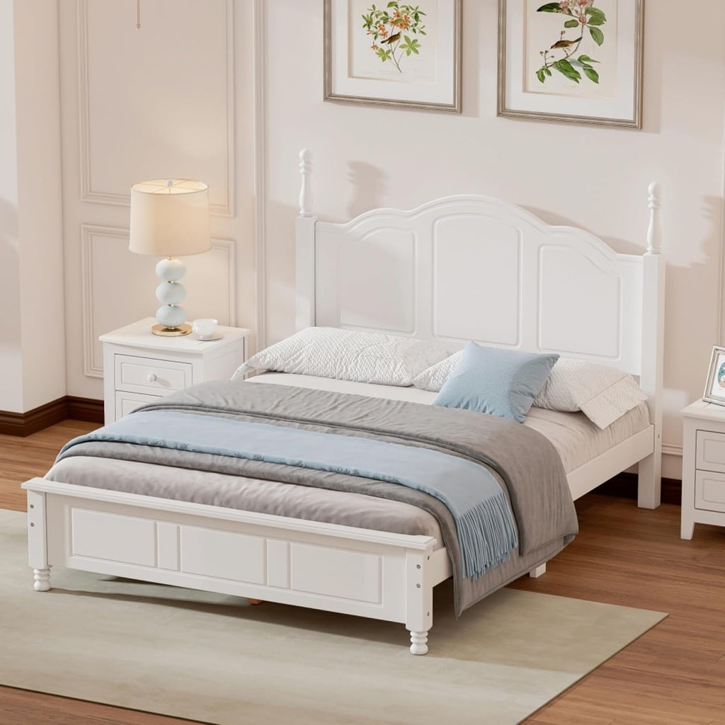 Rustic Farmhouse Bedroom Set with Elegant Curved Headboard, Sturdy Wooden Bed Frame and 2 Nightstands - Classic Country Style Furniture for Master Bedroom,Guest Room (White,Full Bed)