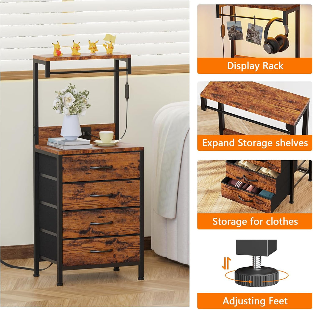 Furnulem Night Stand Set 2, Tall Nightstand with Charging Station and LED Lights, Nightstand with 4 Fabric Drawers and Storage Shelves, Bedside Table Side Tables Set of 2 for Bedroom, Rustic Brown