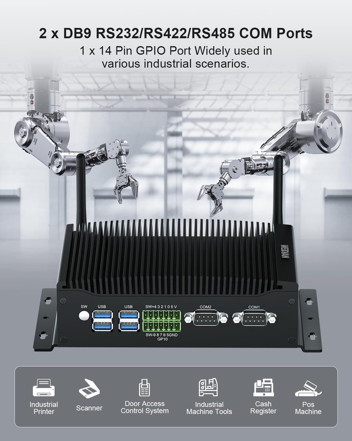 WEIDIAN Fanless PC, Industrial Mini PC, Core i7-10510U (up to 4.90 GHz), 2HD+DP Triple Display, 2RS232/RS422/RS485 COM, 2RJ45 LAN, 6USB, GPIO, WiFi, BT, Win11, Linux, Ubuntu(8GB RAM 128GB SSD)