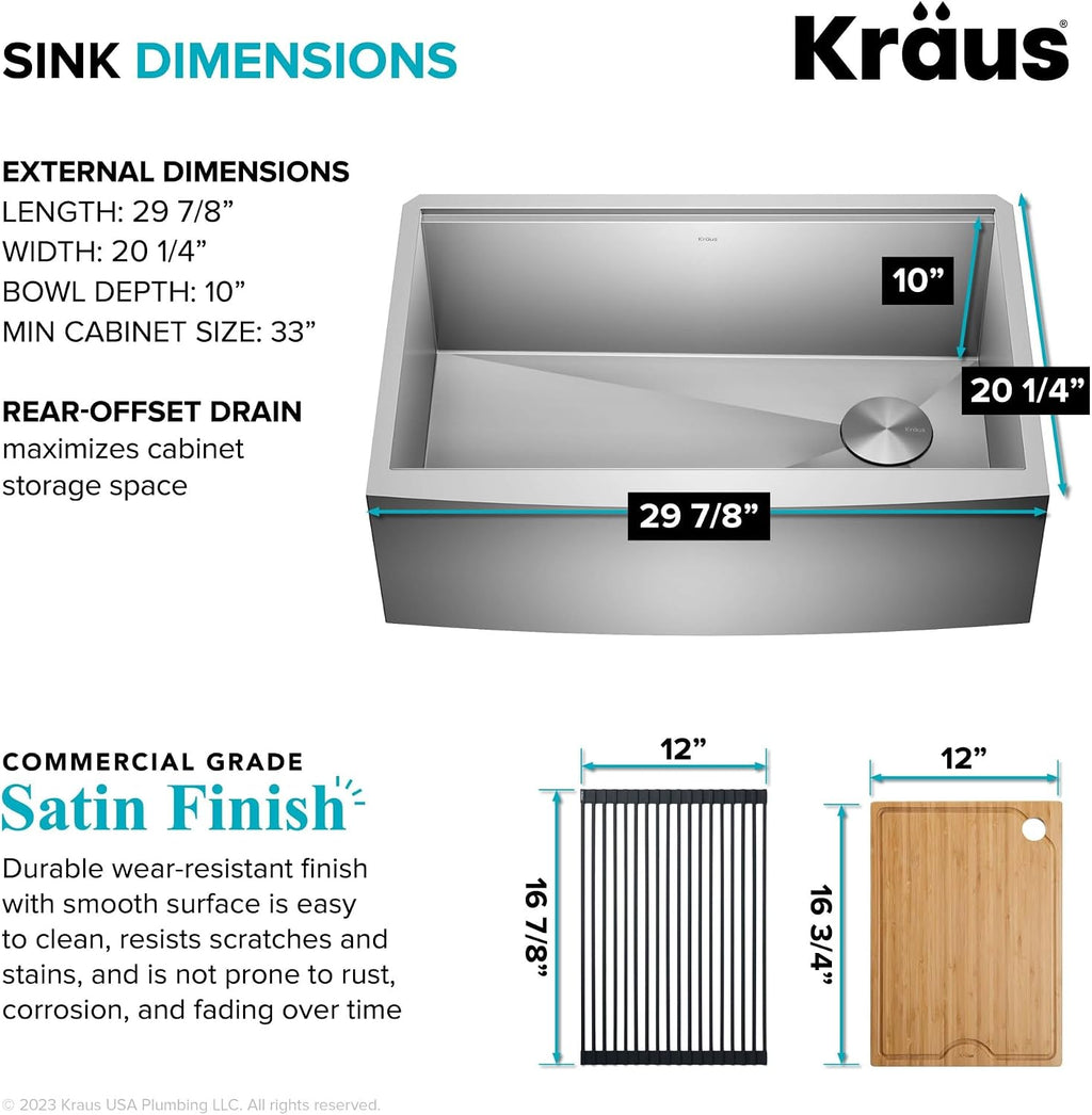 Kraus Kore 30-Inch Farmhouse Workstation with In Sink Dish Drying Rack, Stainless Steel Kitchen Sink, KWF410-30