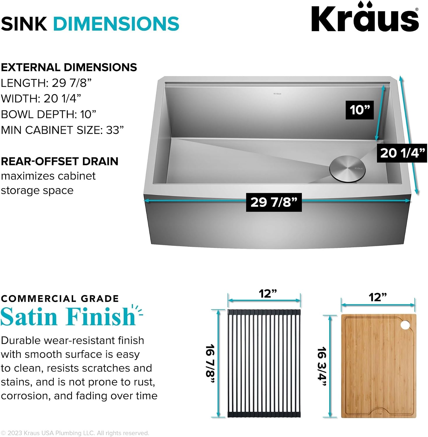 Kraus Kore 30-Inch Farmhouse Workstation with In Sink Dish Drying Rack, Stainless Steel Kitchen Sink, KWF410-30