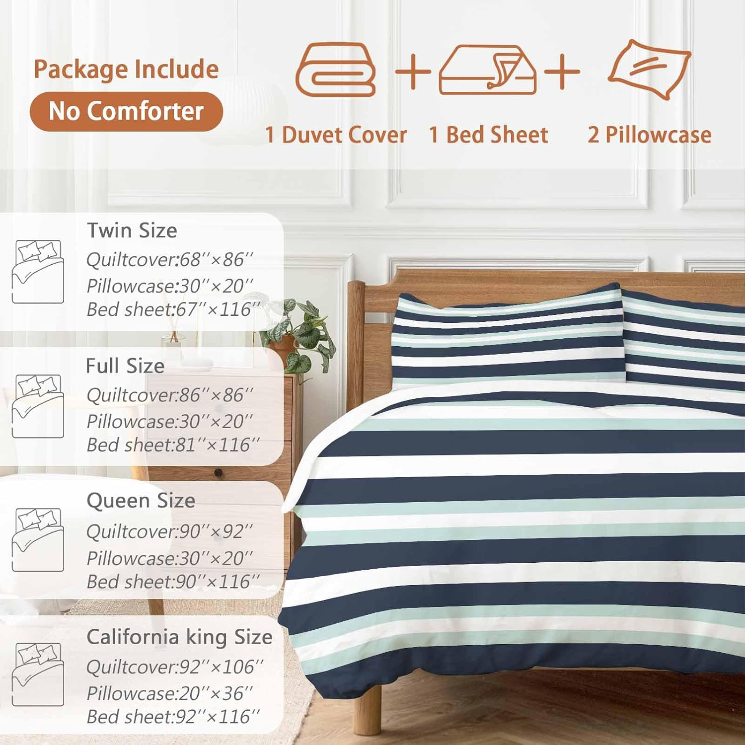Prime Leader Turquoise Navy Blue Stripe Duvet Cover Set Queen Size 4 Pieces Modern Abstract Minimalist Bedding Set with Zipper Closure, 1 Comforter Cover 86x86 Inches 1 Flat Sheet & 2 Pillow Cases