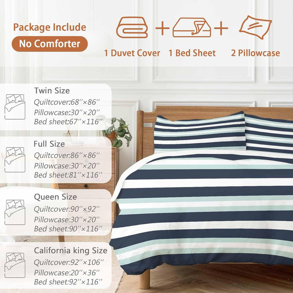 Prime Leader Turquoise Navy Blue Stripe Duvet Cover Set Queen Size 4 Pieces Modern Abstract Minimalist Bedding Set with Zipper Closure, 1 Comforter Cover 92x106 Inches 1 Flat Sheet & 2 Pillow Cases