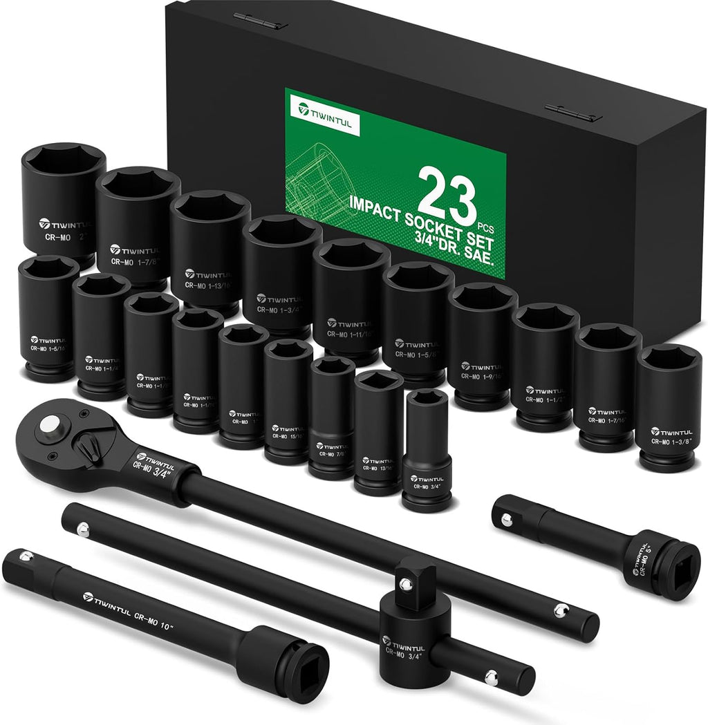 3/4' Drive Deep Impact Socket Set, 23 Pcs SAE Sizes 3/4' to 2' with 24T Ratchet, 18' Sliding T-Bar & Extension Bars, CR-MO Steel, Heavy Duty Impact Socket for Truck & Equipment Repair
