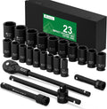 3/4' Drive Deep Impact Socket Set, 23 Pcs SAE Sizes 3/4' to 2' with 24T Ratchet, 18' Sliding T-Bar & Extension Bars, CR-MO Steel, Heavy Duty Impact Socket for Truck & Equipment Repair