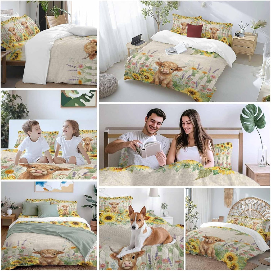 Farm Highland Cattle Duvet Cover Set Queen Size 4 Pieces Farmhouse Sunflower Cow Fence Linen Texture Bedding Set with Zipper Closure, 1 Comforter Cover 92x106 Inches 1 Flat Sheet & 2 Pillow Cases