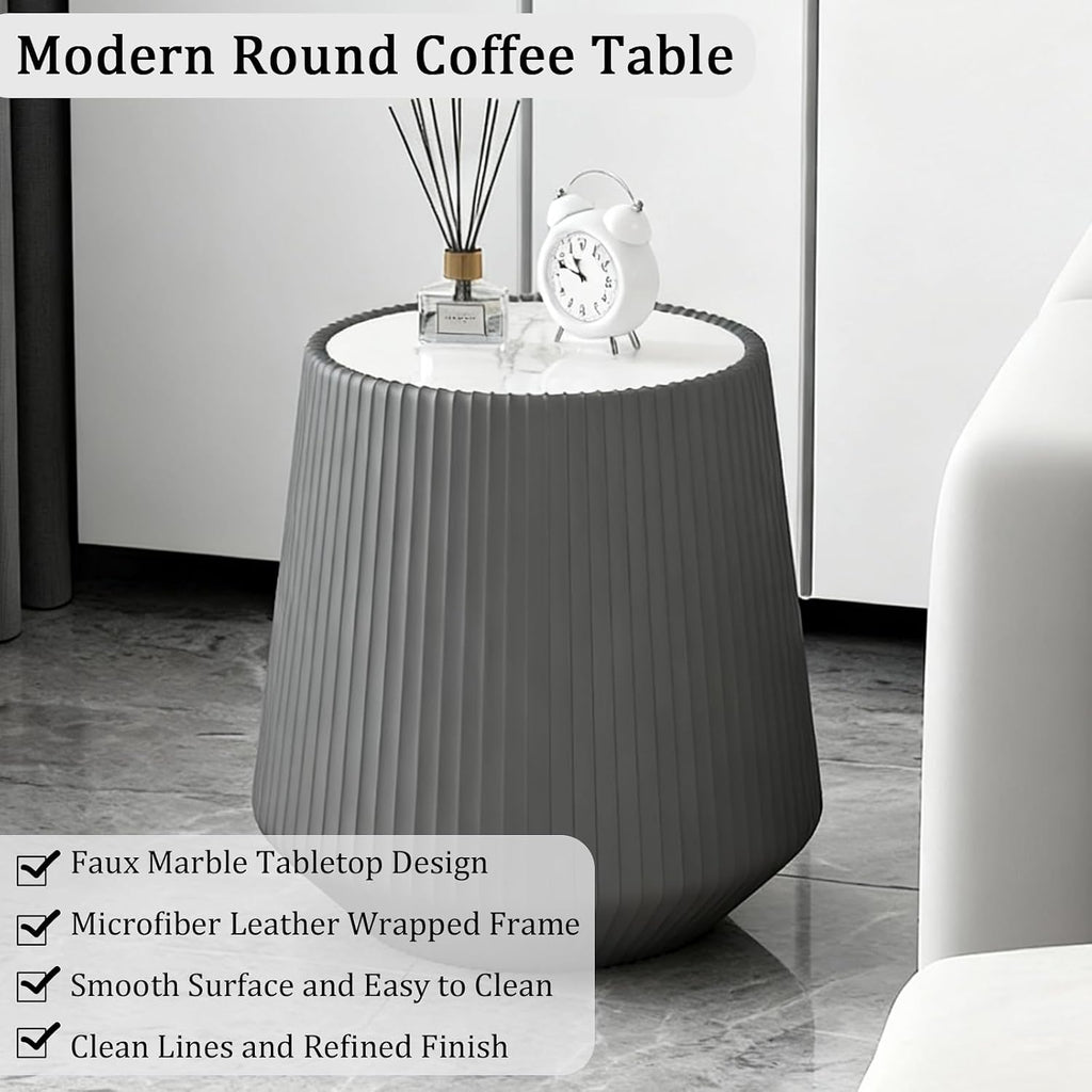 19.68' Grey Round Coffee Table, Drum Coffee Table with Sintered Stone Tabletop and Fluted PU Leather Covered and Stable Base, Circle Cocktail Tea Table for Living Room