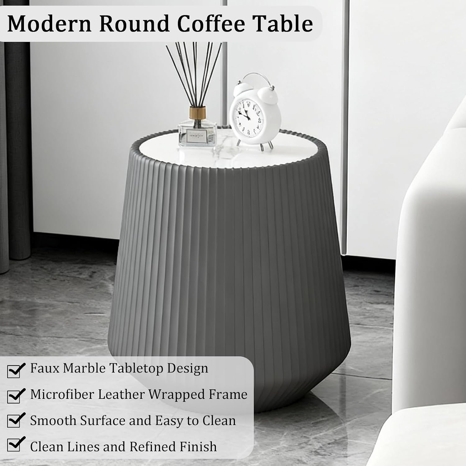 19.68' Grey Round Coffee Table, Drum Coffee Table with Sintered Stone Tabletop and Fluted PU Leather Covered and Stable Base, Circle Cocktail Tea Table for Living Room