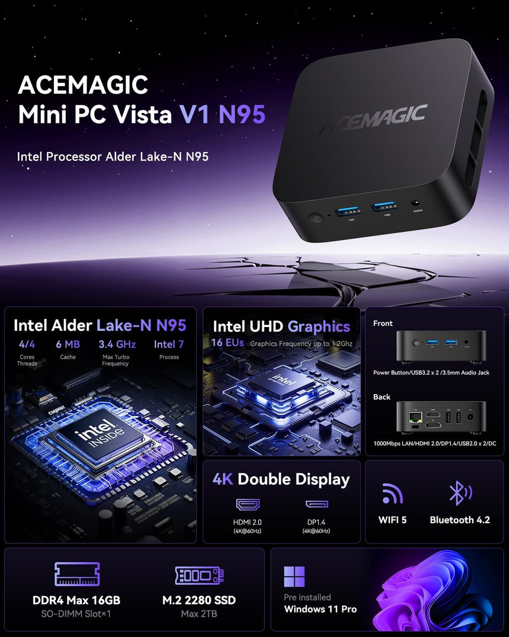 ACEMAGIC Vista V1 N95 Mini Pc, 12Th Gen Intel N95 (Beat N100, Up to 3.6Ghz), 16GB DDR4 RAM 512GB SSD Mini Computers, 4K Dual Display, WiFi/Bt, Vesa Mount, Home/Office Micro Pc