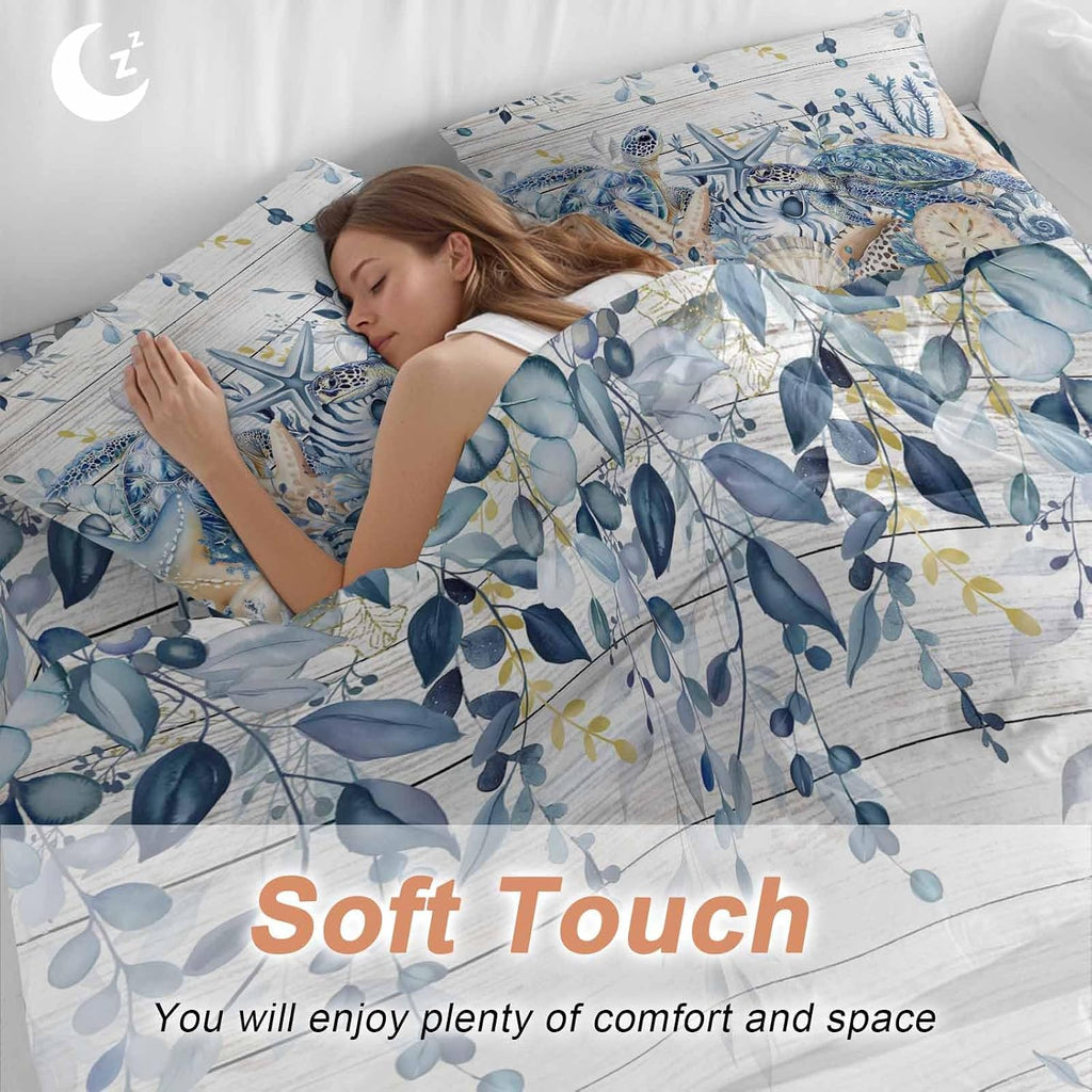 Ocean Turtle Duvet Cover Set Queen Size 4 Pieces Retro Sea Stars Shells Blue Leaf Wood Grain Bedding Set with Zipper Closure, 1 Comforter Cover 92x106 Inches 1 Flat Sheet & 2 Pillow Cases