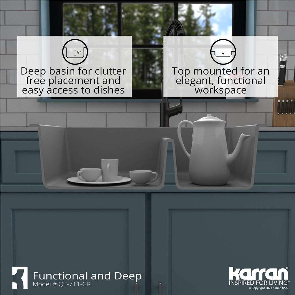 Karran 33 Inch Drop In Double Bowl Kitchen Sink – 60/40 Quartz Composite Granite Top Mount Sink, Deep Basins, 1 Hole with Additional Knockouts, Heat & Scratch Resistant in Grey