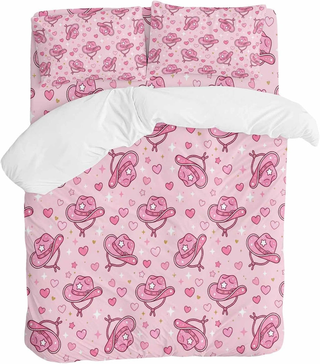 Pink Heart Cowboy Hat Duvet Cover Set Queen Size 4 Pieces Modern Minimalist Sparkling Love Star Bedding Set with Zipper Closure, 1 Comforter Cover 86x86 Inches 1 Flat Sheet & 2 Pillow Cases