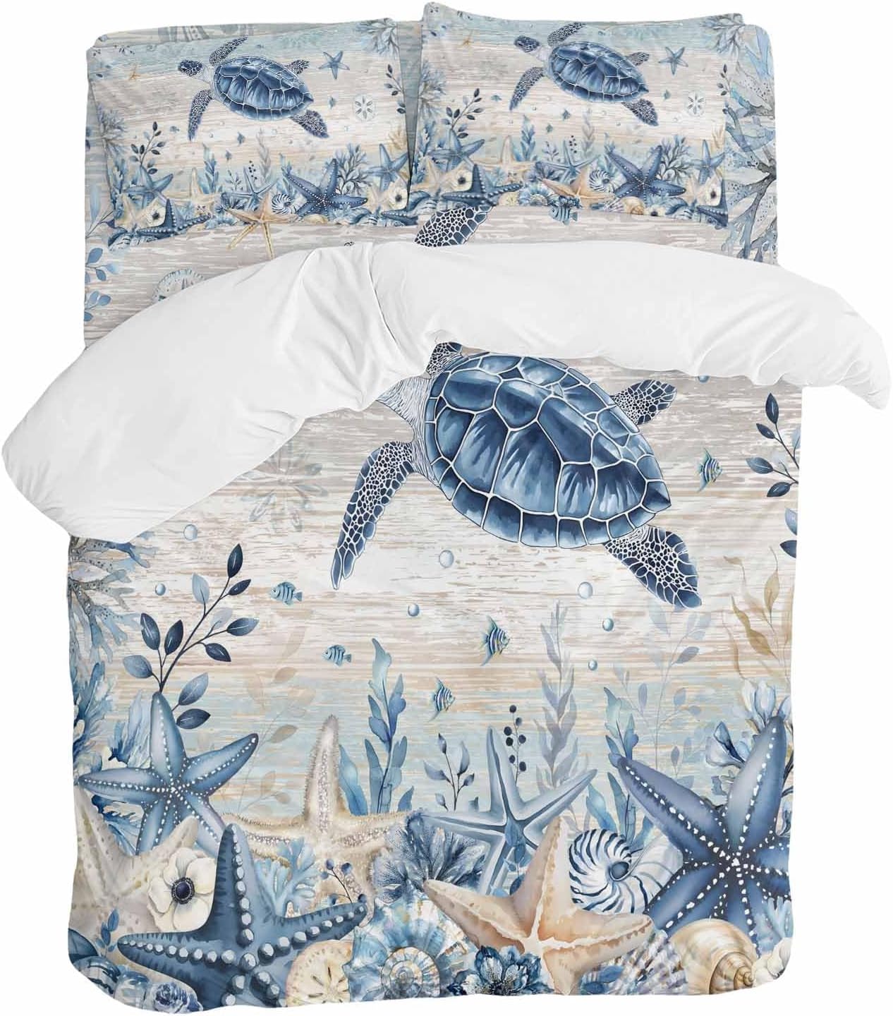 Ocean Turtles Duvet Cover Set Queen Size 4 Pieces Blue Yellow Sea Star Shell Coral Yellow Blue Stripes Bedding Set with Zipper Closure, 1 Comforter Cover 92x106 Inches 1 Flat Sheet & 2 Pillow Cases