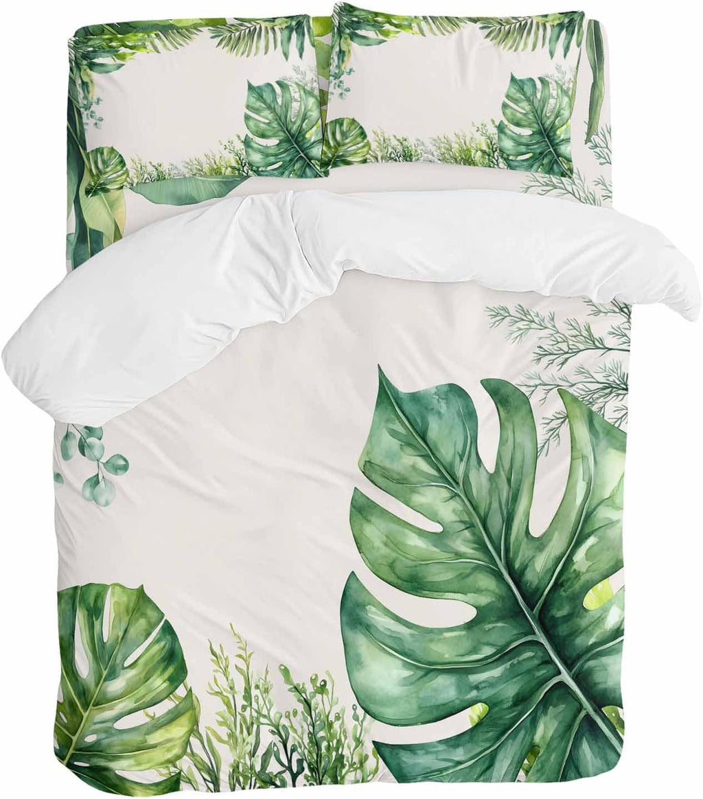 Tropical Leaf Duvet Cover Set Queen Size 4 Pieces Palms Monstera Leaves Green Plant Botanical Bedding Set with Zipper Closure, 1 Comforter Cover 92x106 Inches 1 Flat Sheet & 2 Pillow Cases