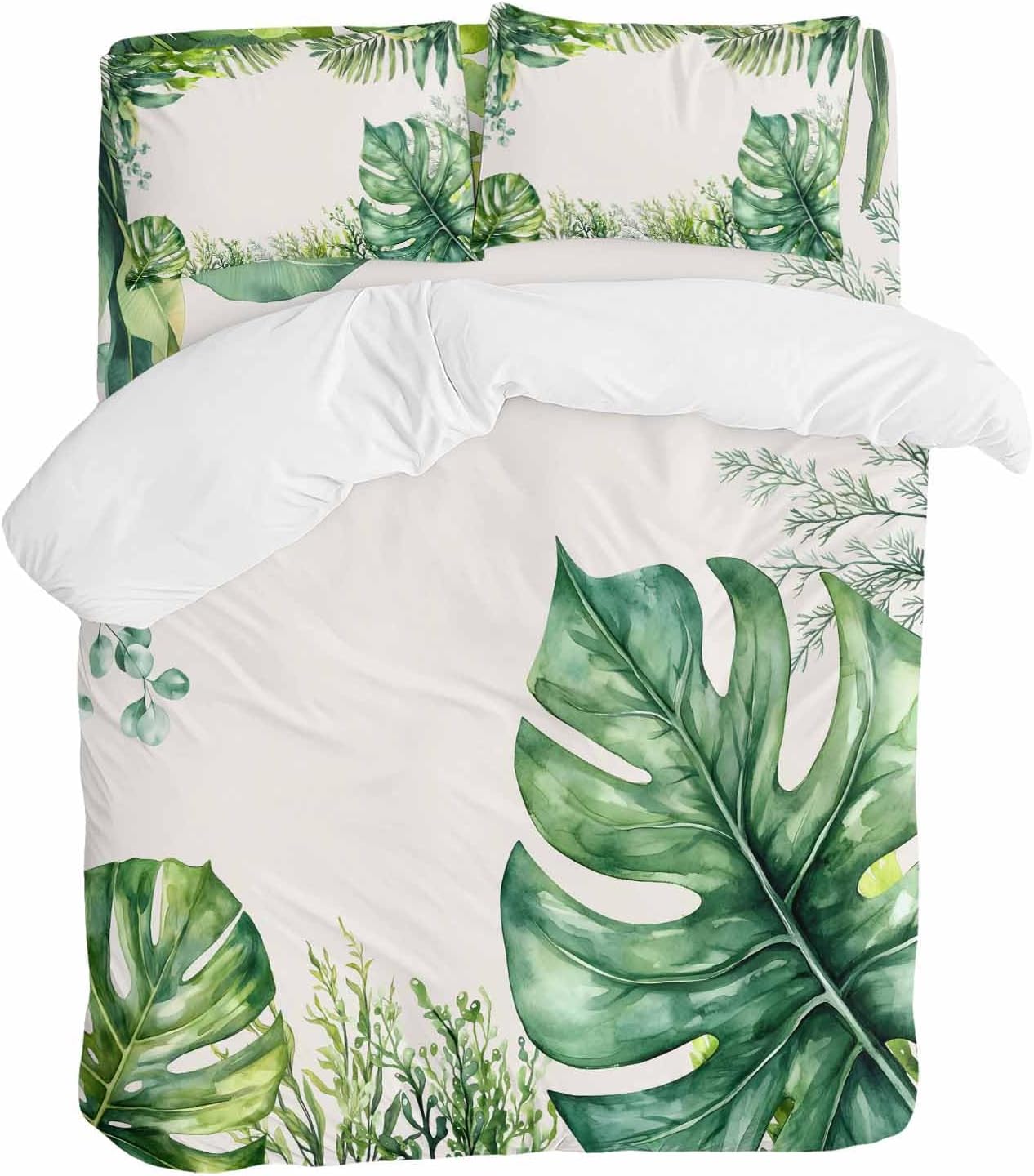 Tropical Leaf Duvet Cover Set Queen Size 4 Pieces Palms Monstera Leaves Green Plant Botanical Bedding Set with Zipper Closure, 1 Comforter Cover 92x106 Inches 1 Flat Sheet & 2 Pillow Cases