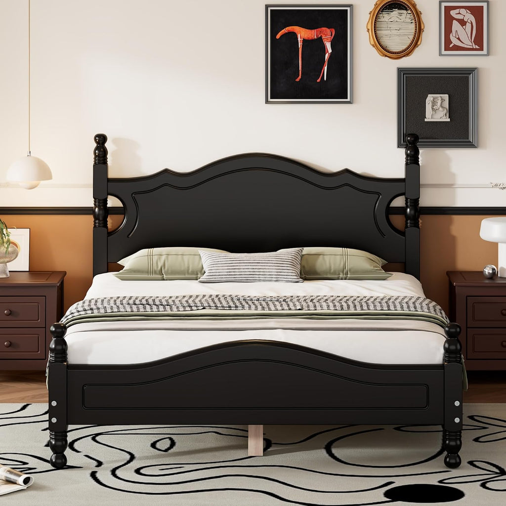 Solid Wood Bed Frame Full Size, Wooden Retro Style Platform Bed Frame with Headboard and Footboard, Heavy Duty Bed Frame with 10 Wood Slats Support,No Box Spring Needed,Noiseless (Black, Full)