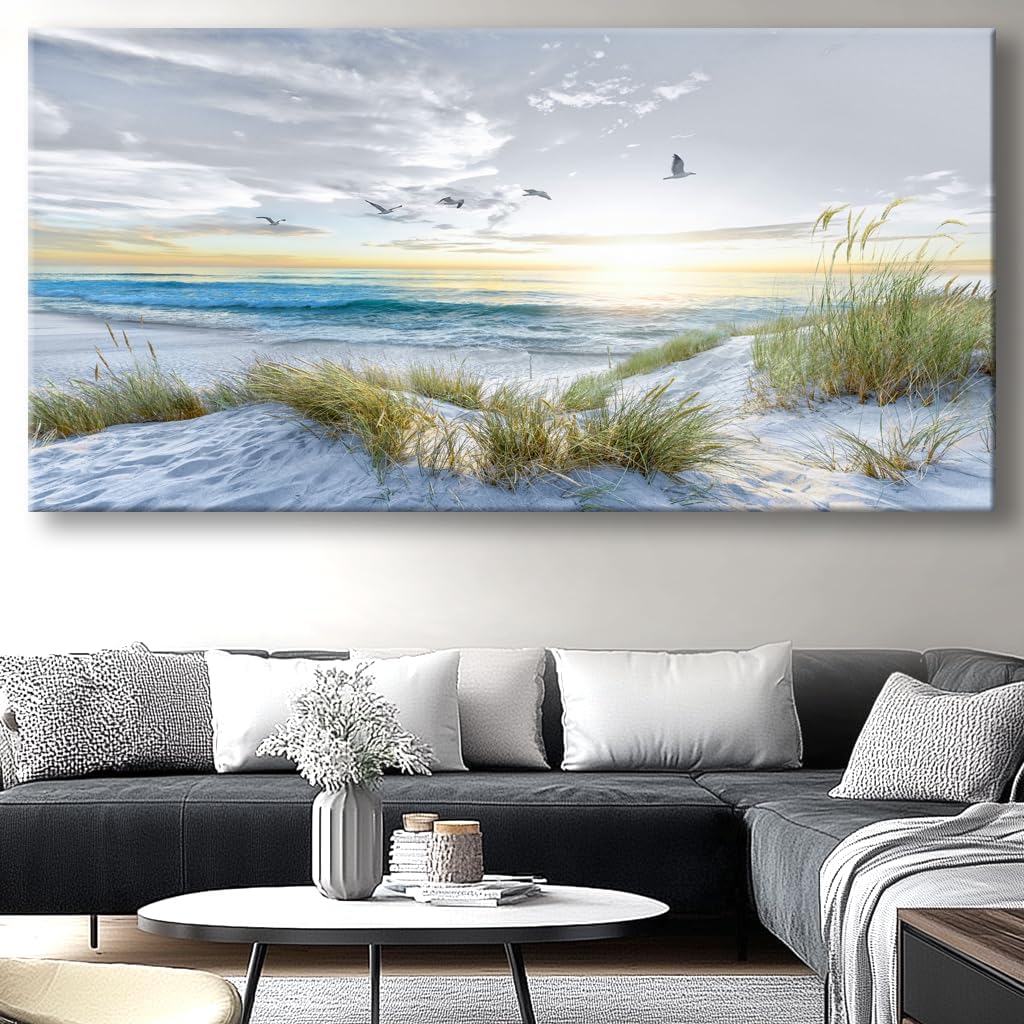 Canvas Prints Wall Art Beach Sunrise Ocean Waves Beach Grass Nature Pictures Stretched Canvas for living Room Bedroom and Office Home Decor 71'x36' with Framed