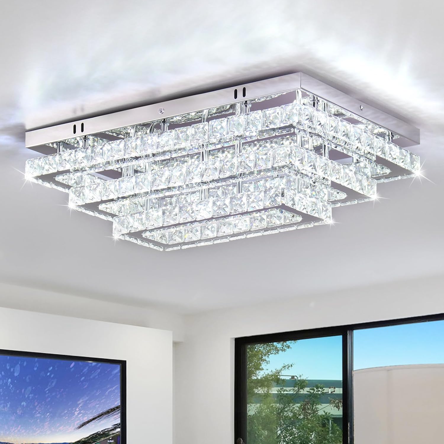 Finktonglan Modern Crystal LED Ceiling Light Fixture 20' Rectangular Flush Mount Chandelier Ceiling Lights 3-Tiers Stainless Steel Ceiling Lamp Fixtures for Living Room Dining Room(6500K Cool White)