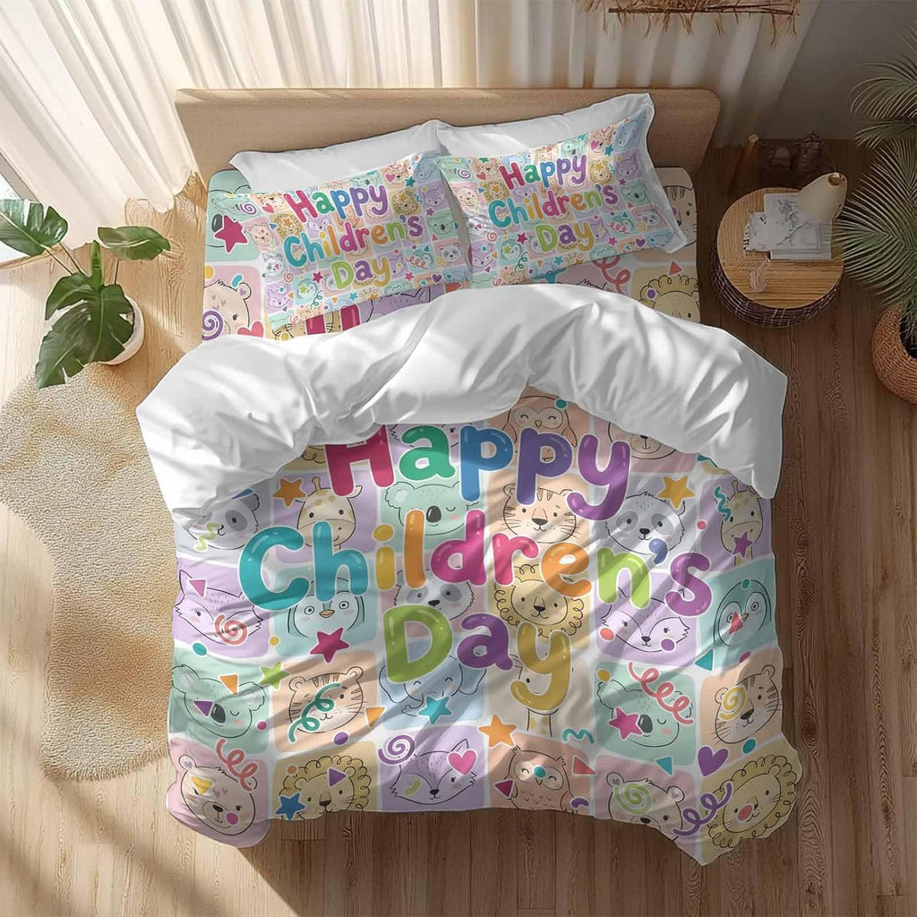 Happy Children's Day Duvet Cover Set Queen 4 Pieces Cartoon Animal Tigers Koalas Elephant Lions Foxes Plaid Bedding Set with Zipper Closure,1 Comforter Cover 92x106 Inch 1 Flat Sheet&2 Pillow Cases