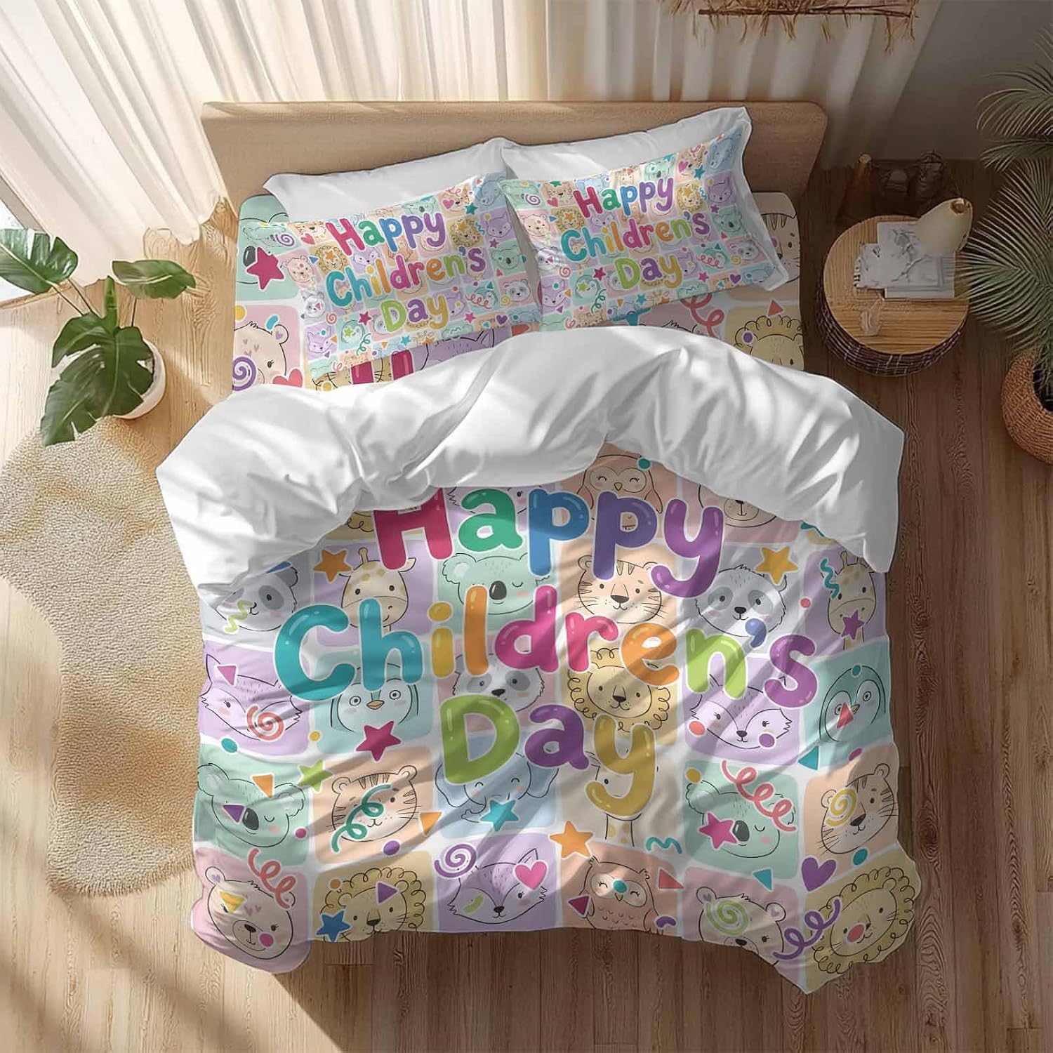Happy Children's Day Duvet Cover Set Queen 4 Pieces Cartoon Animal Tigers Koalas Elephant Lions Foxes Plaid Bedding Set with Zipper Closure,1 Comforter Cover 92x106 Inch 1 Flat Sheet&2 Pillow Cases