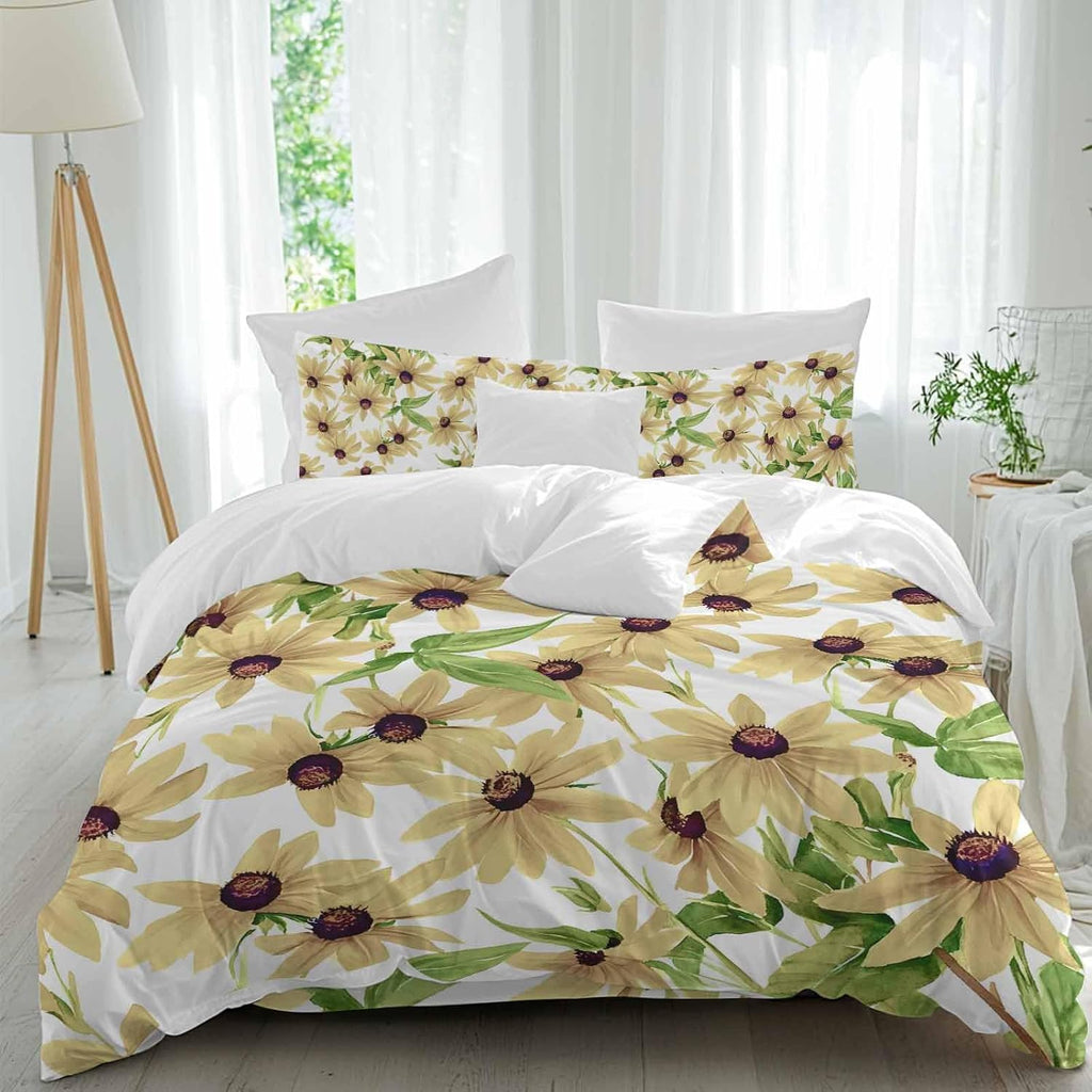 Light Yellow Sunflower Duvet Cover Set Queen Size 4 Pieces Watercolor Flower Green Leaf Spring Country Bedding Set with Zipper Closure, 1 Comforter Cover 92x106 Inches 1 Flat Sheet & 2 Pillow Cases