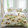 Light Yellow Sunflower Duvet Cover Set Queen Size 4 Pieces Watercolor Flower Green Leaf Spring Country Bedding Set with Zipper Closure, 1 Comforter Cover 92x106 Inches 1 Flat Sheet & 2 Pillow Cases
