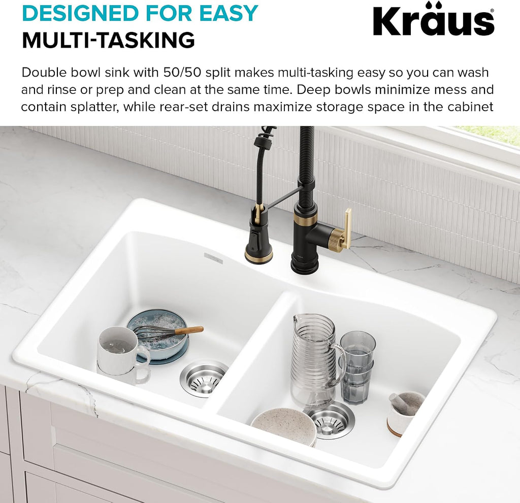 KRAUS Forteza 33-inch Granite Drop In/Undermount 50/50 Double Bowl White Kitchen Sink, KGD-52WHITE