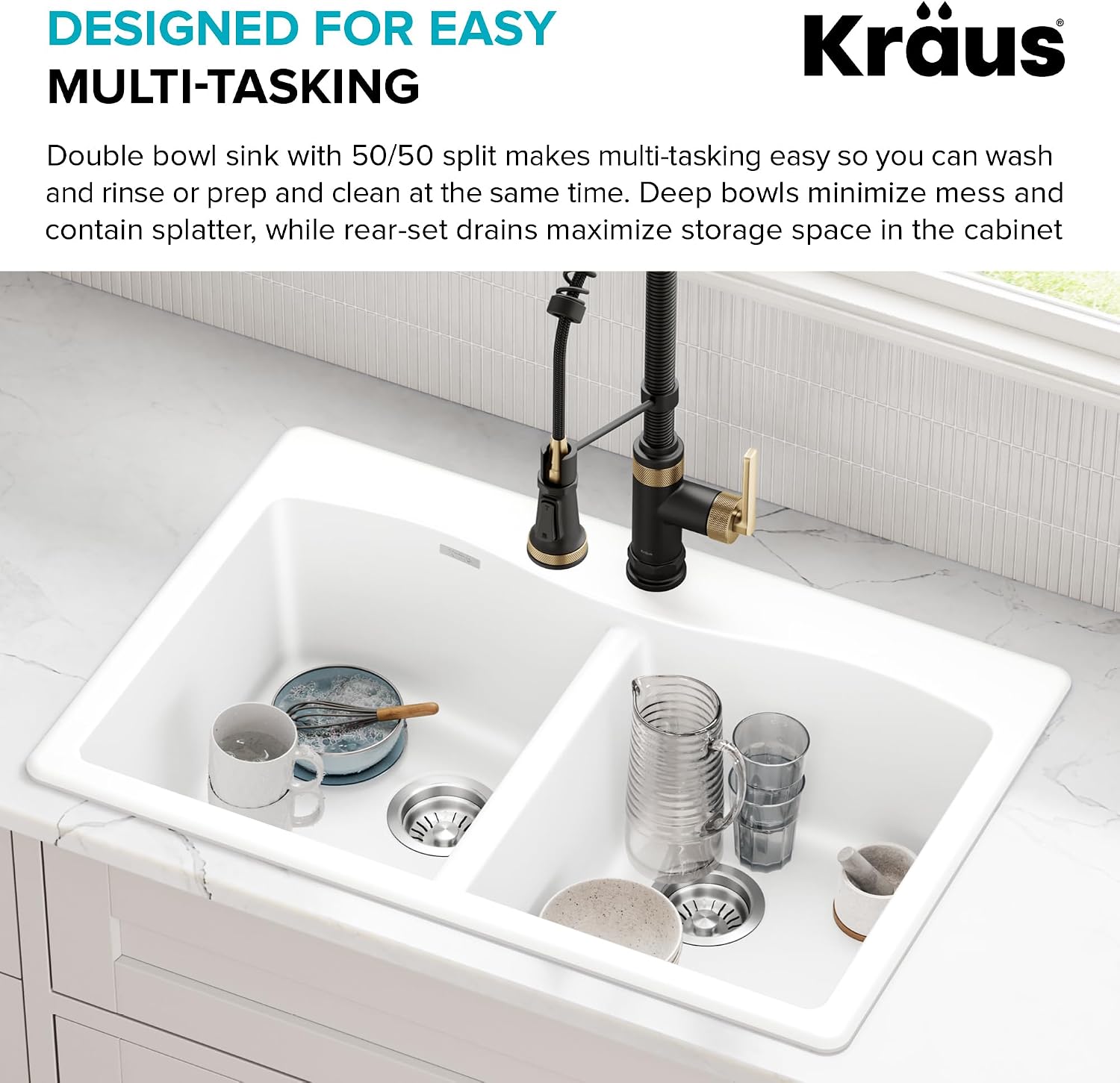KRAUS Forteza 33-inch Granite Drop In/Undermount 50/50 Double Bowl White Kitchen Sink, KGD-52WHITE