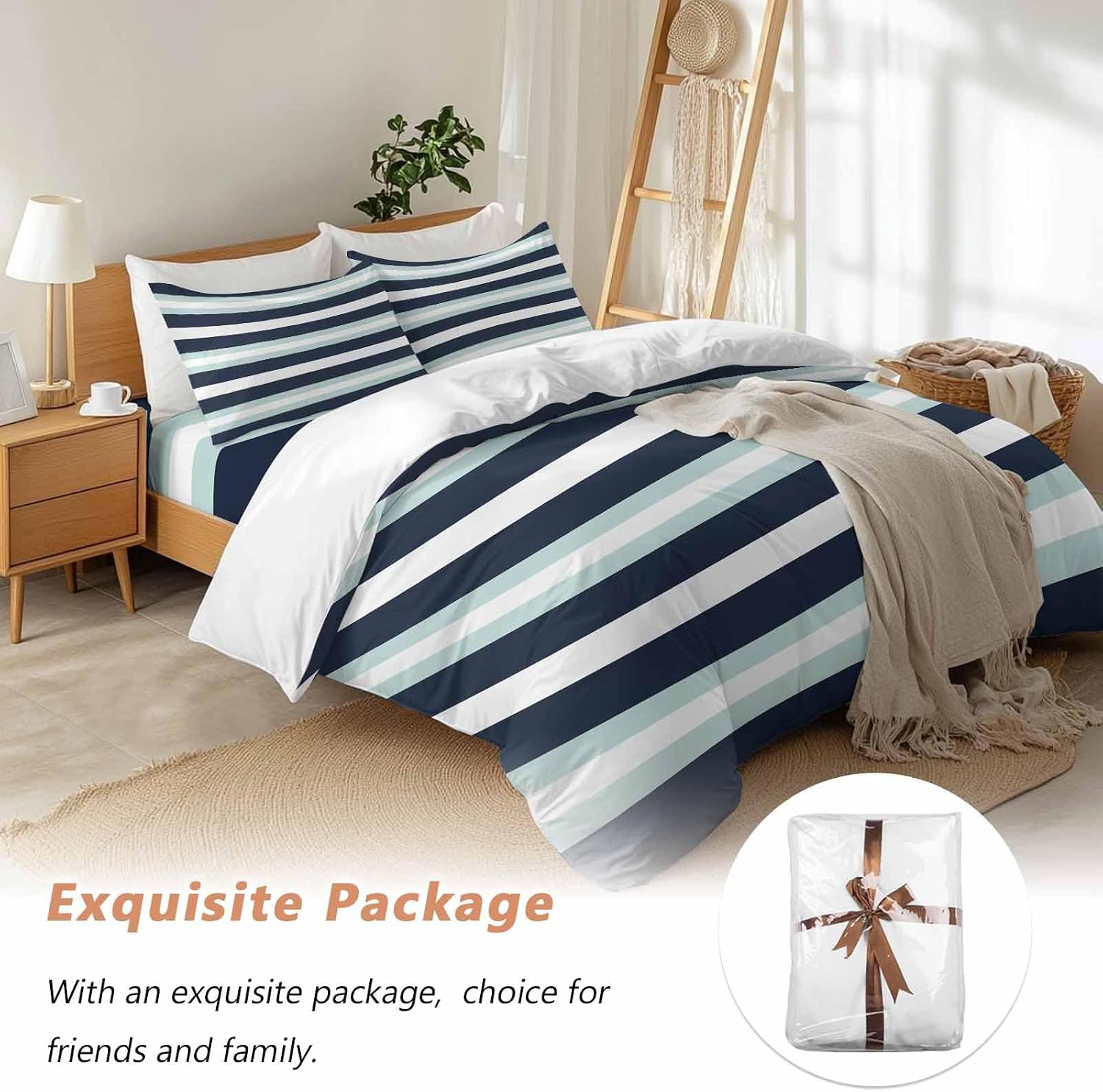 Prime Leader Turquoise Navy Blue Stripe Duvet Cover Set Queen Size 4 Pieces Modern Abstract Minimalist Bedding Set with Zipper Closure, 1 Comforter Cover 92x106 Inches 1 Flat Sheet & 2 Pillow Cases