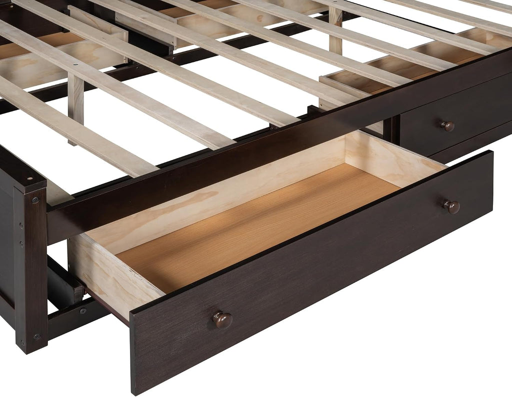 Merax Queen Size Wooden Bed with All-in-One Cabinet, Espresso Platform Bed Frame with 4 Drawers, Shelf and Sockets