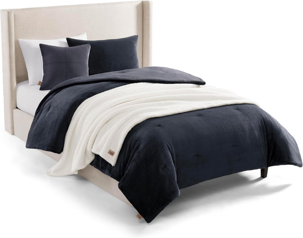 UGG Remina Twin Comforter Set 4 Piece Bed in a Bag with Throw Blanket, Decorative Pillow, Sham, and Reversible Comforter Hypoallergenic Washable College Dorm Bedding, Twin XL, Navy Blue