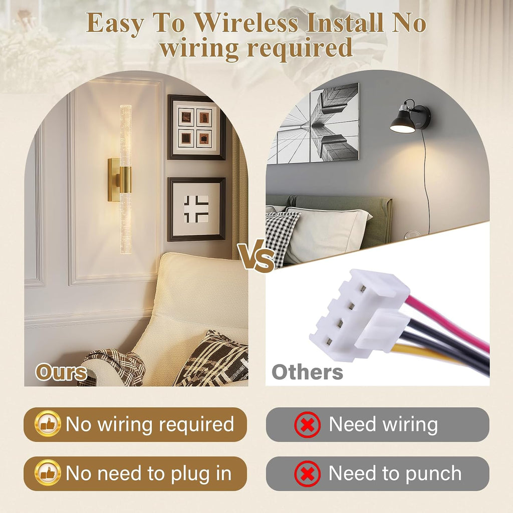 camuucci Battery Operated Wall Sconces Set of 2 Rechargeable Battery Powered Wall Light with 12000mAh Not Hardwired Dimmable Wall Lamp Fixtures for Bedroom Living Room Gold 20.9 Inches