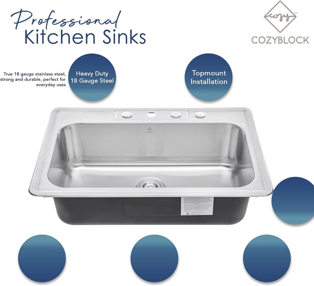 CozyBlock 25 Inch Stainless Steel Topmount Drop in Kitchen/Bar Single Bowl Sink (Sink Only)