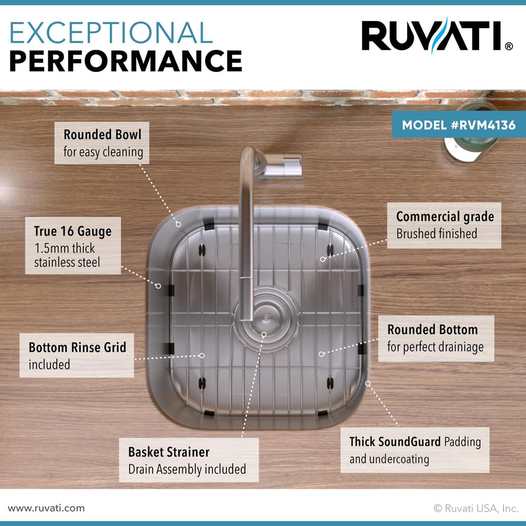 Ruvati 13' by 15' Inch RVM4136 Undermount Bar Sink - 16 Gauge Stainless Steel Kitchen Sink Single Bowl with Brushed Finish hides scratches, Easy-to-Clean Undermount kitchen Sink