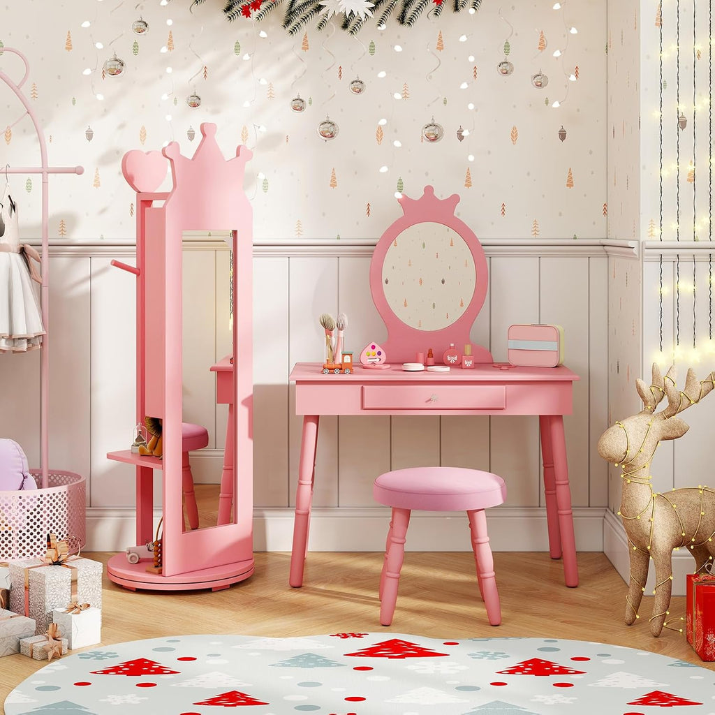 GLACER Kids Vanity with Stool, Rotatable Kids Jewelry Armoire, Kids Vanity Table and Chair Set w/Coat Rack, Storage Shelves, Full-Length Mirror, Solid Wood Legs, Kids Bedroom Furniture (Pink)