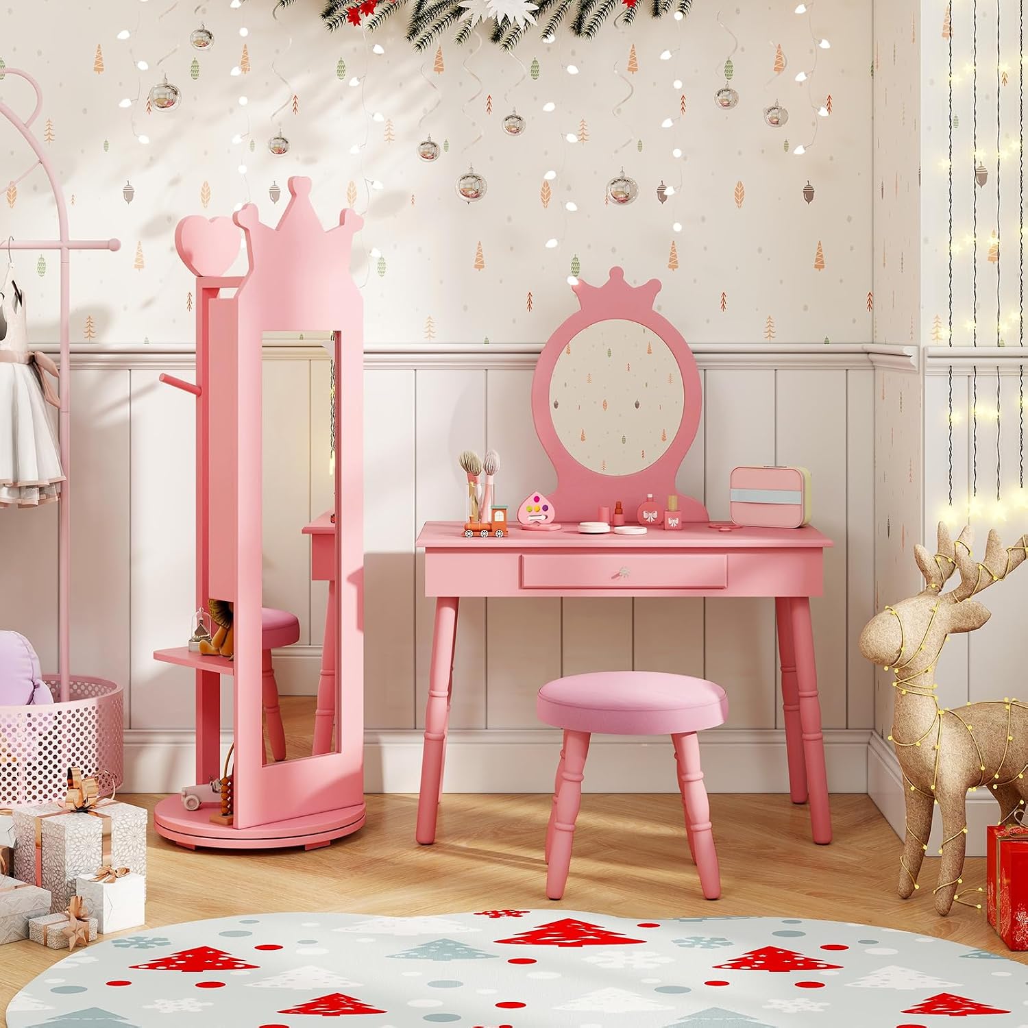 GLACER Kids Vanity with Stool, Rotatable Kids Jewelry Armoire, Kids Vanity Table and Chair Set w/Coat Rack, Storage Shelves, Full-Length Mirror, Solid Wood Legs, Kids Bedroom Furniture (Pink)