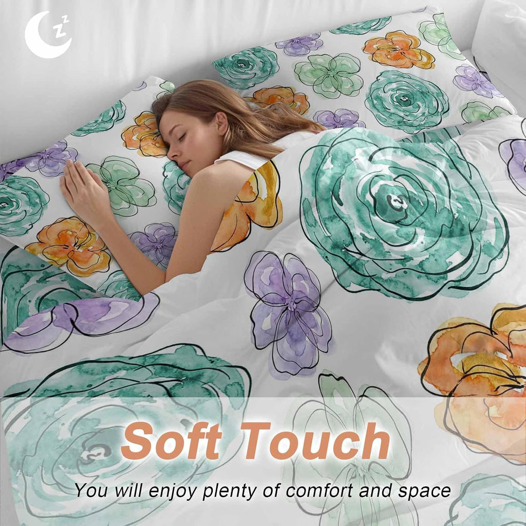 Abstraction Art Duvet Cover Set Queen Size 4 Pieces Watercolors Flowers Minimalist Lines Modern Bedding Set with Zipper Closure, 1 Comforter Cover 90x92 Inches 1 Flat Sheet & 2 Pillow Cases