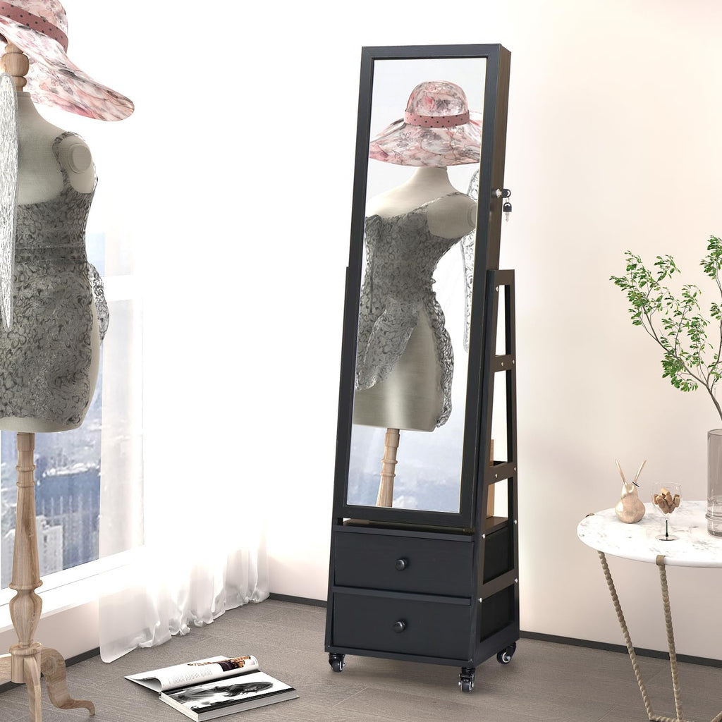 Jewelry Cabinet with Standing Mirror Lockable Full Length Mirror with Drawers Jewelry Organizer Armoire with Wheels,Floor Mirror with Back Storage Shelves for Bedroom Christmas Gift for Friend Black