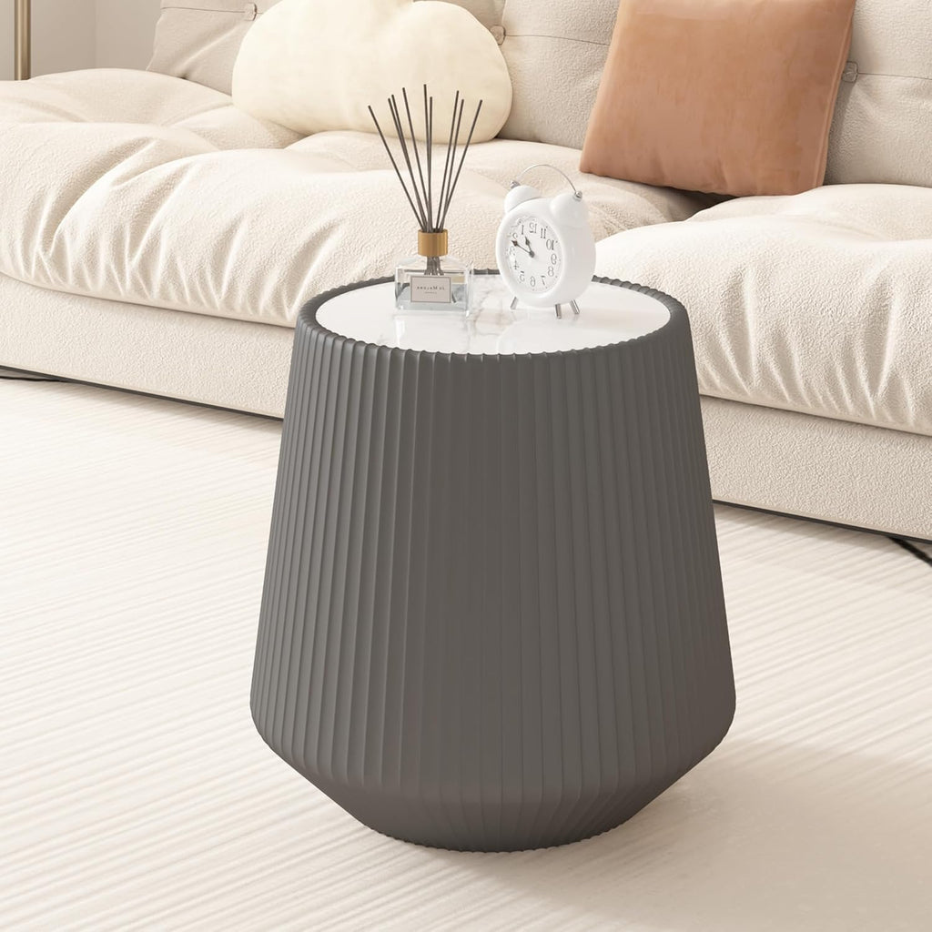 19.68' Grey Round Coffee Table, Drum Coffee Table with Sintered Stone Tabletop and Fluted PU Leather Covered and Stable Base, Circle Cocktail Tea Table for Living Room
