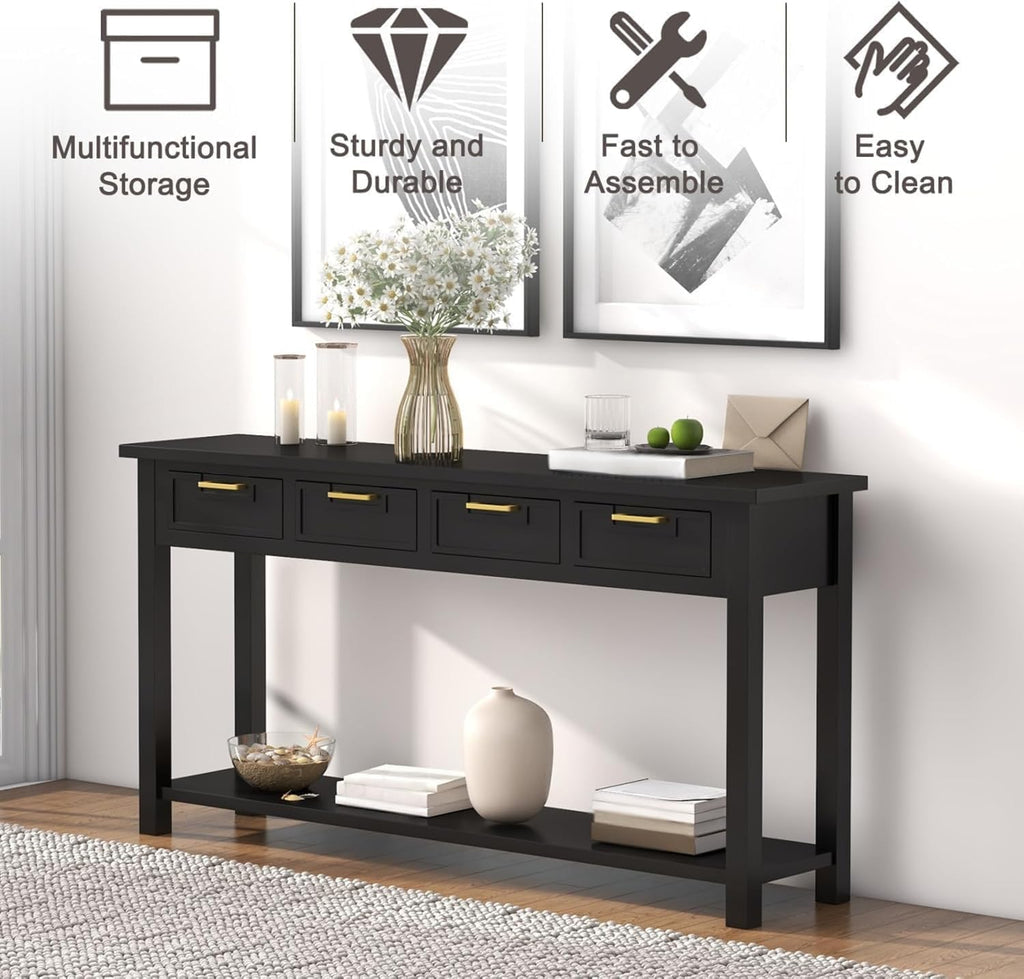 kinbor Black Entryway Table 60 Inch - Long Console Table with 4 Drawers, Narrow Sofa Table with Storage Shelf for Entryway Living Room
