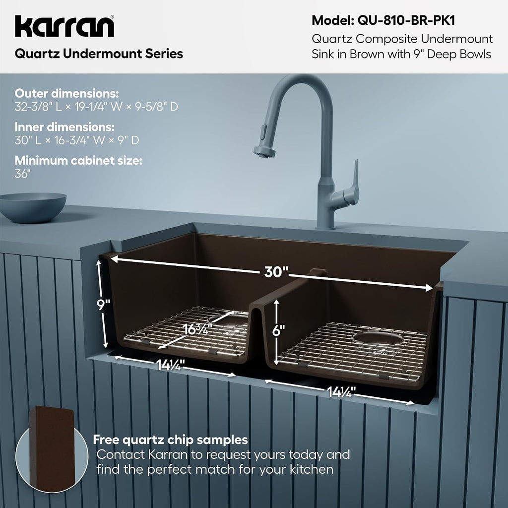 Karran QU-810 32' Undermount Double Equal Bowl Quartz Kitchen Sink Kit in Brown