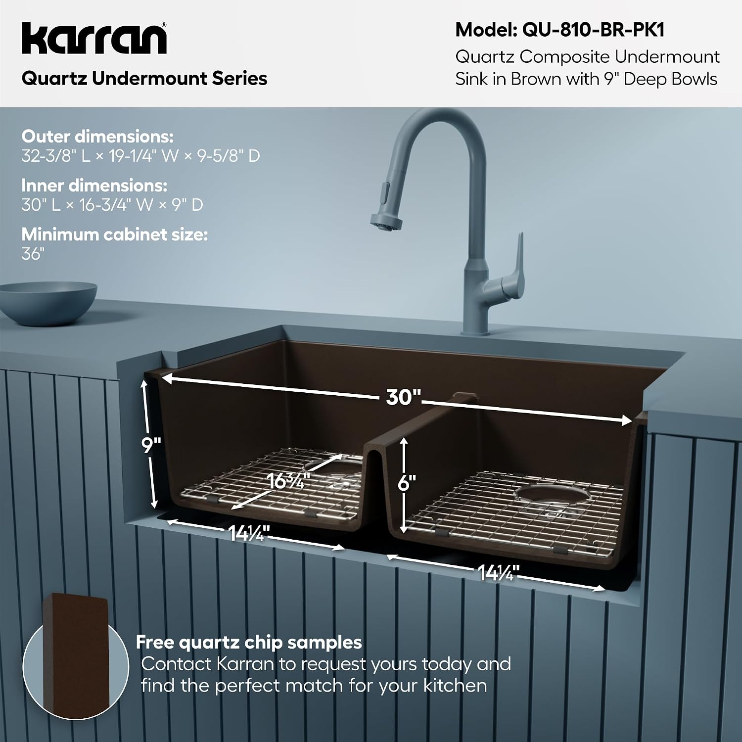 Karran QU-810 32' Undermount Double Equal Bowl Quartz Kitchen Sink Kit in Brown
