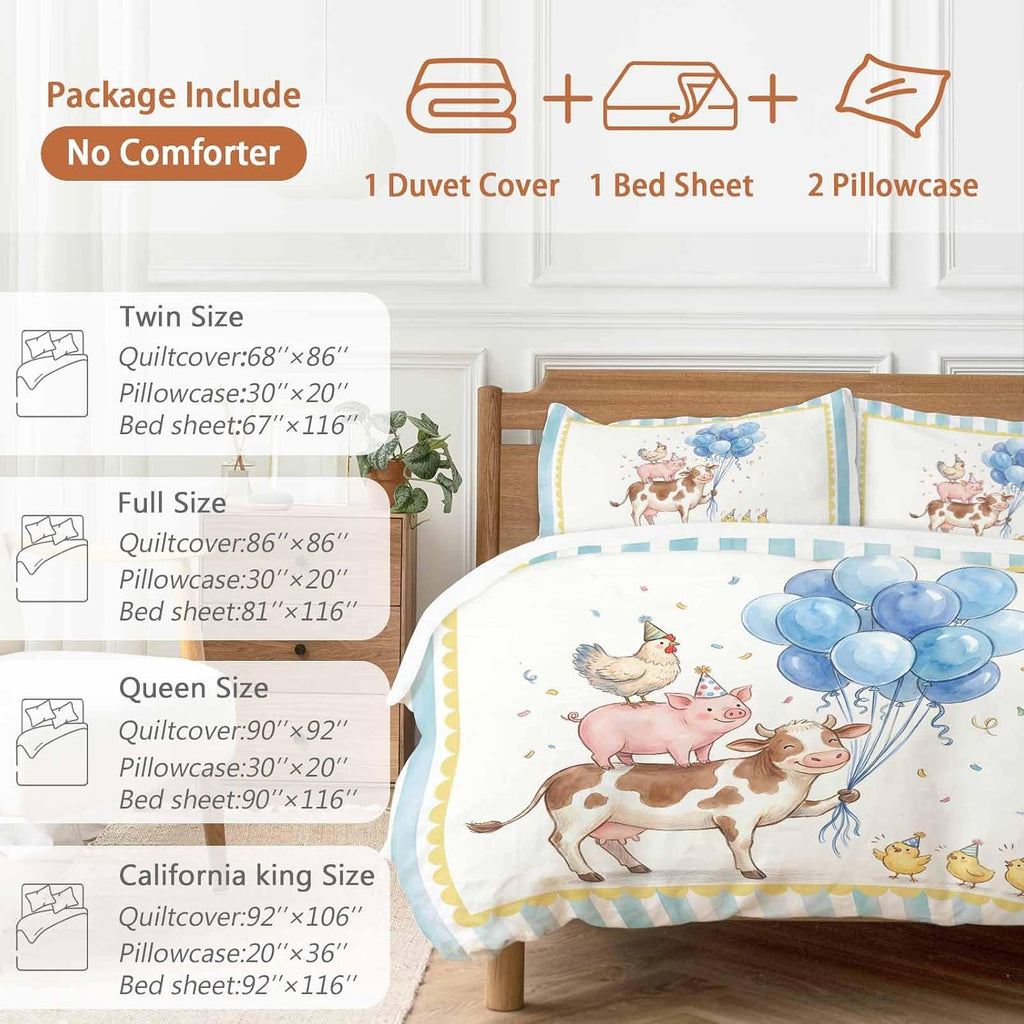 Pig Cow Duvet Cover Set Queen Size 4 Pieces Hen Chicks Blue Balloons Watercolor Animal Yellow Border Striped Bedding Set with Zipper Closure,1 Comforter Cover 92x106 Inches 1 Flat Sheet&2 Pillow Cases