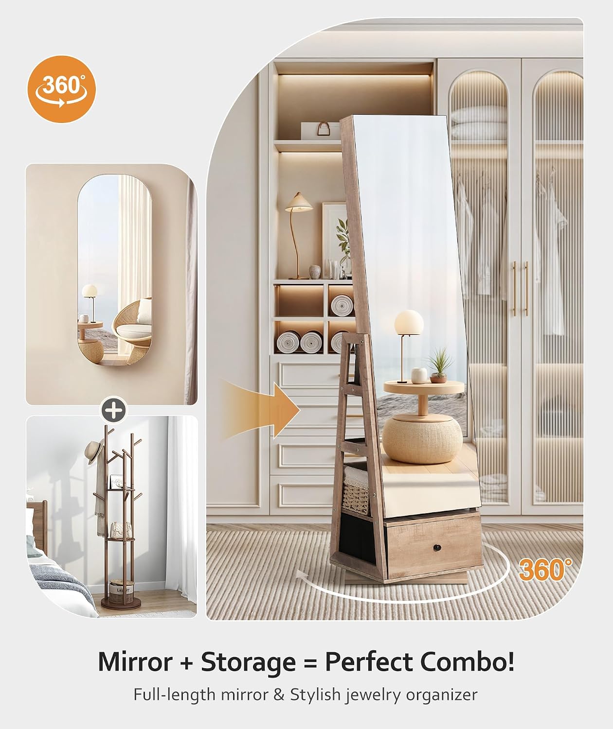 Nicetree 360°Swivel Jewelry Cabinet, Rotatable Full Length Mirror with Jewelry Storage, Standing Jewelry Armoire Organizer, Lockable Jewelry Organizer with 3 Rear Shelves, Bottom Drawer, Toasted Oak