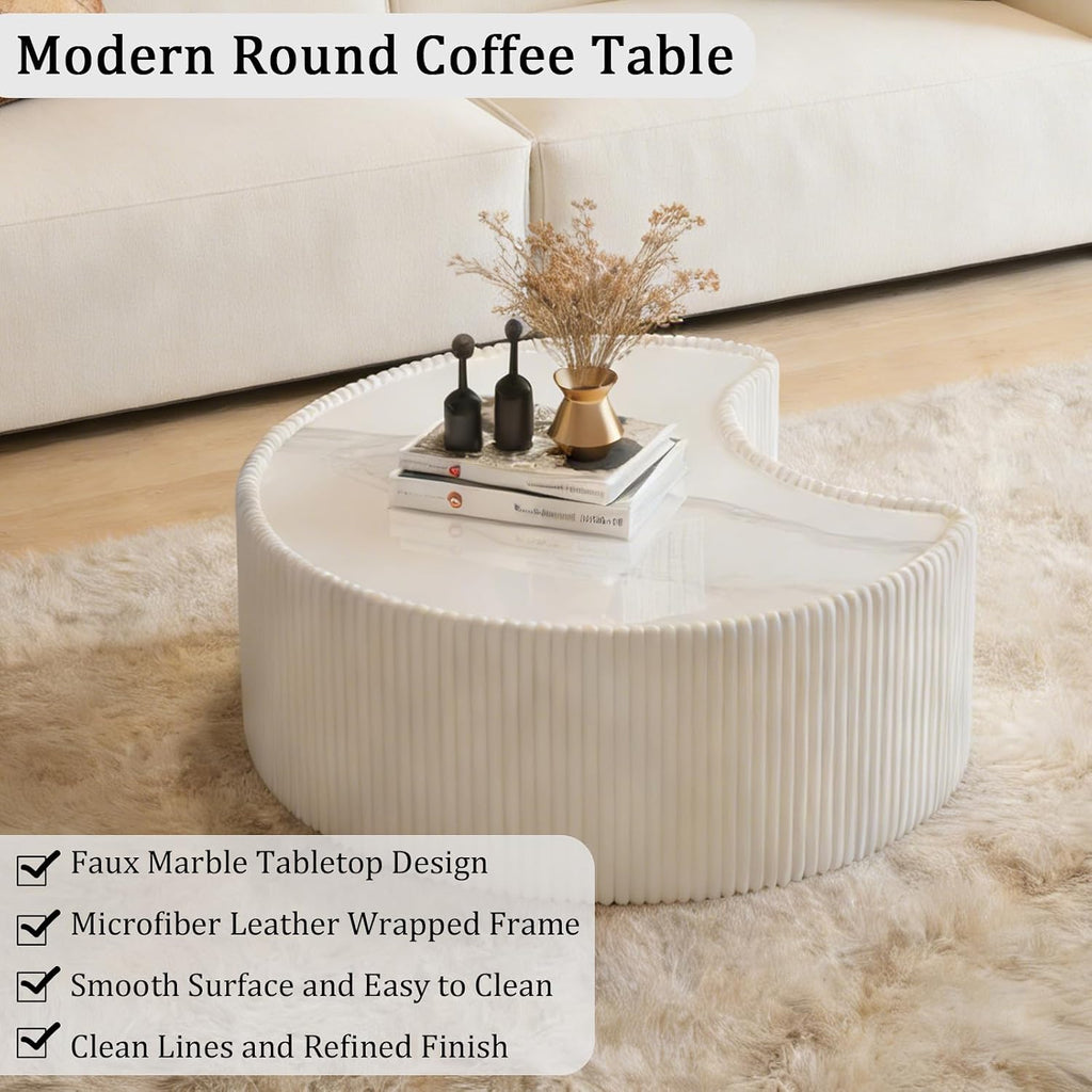 29.53' White Round Coffee Table, Drum Coffee Table with Sintered Stone Tabletop and Fluted PU Leather Covered and Stable Base, Circle Cocktail Tea Table for Living Room
