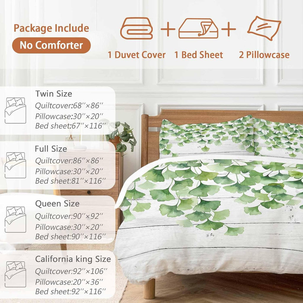 Summer Botanical Duvet Cover Set Queen Size 4 Pieces Watercolor Gradient Green Leaves White Wood Grain Bedding Set with Zipper Closure, 1 Comforter Cover 92x106 Inches 1 Flat Sheet & 2 Pillow Cases
