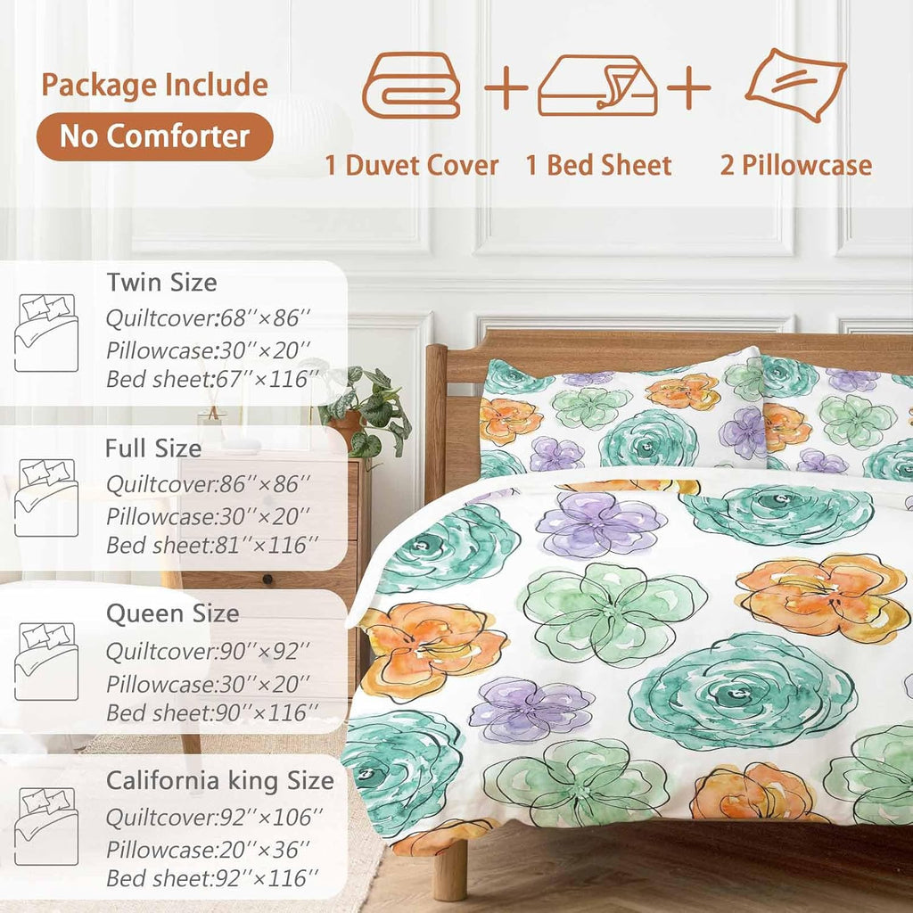 Abstraction Art Duvet Cover Set Queen Size 4 Pieces Watercolors Flowers Minimalist Lines Modern Bedding Set with Zipper Closure, 1 Comforter Cover 90x92 Inches 1 Flat Sheet & 2 Pillow Cases